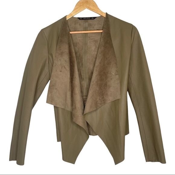 Zara Olive Green Faux Leather Open-front Super Soft Easy-to-wear Jacket - Picture 3 of 7